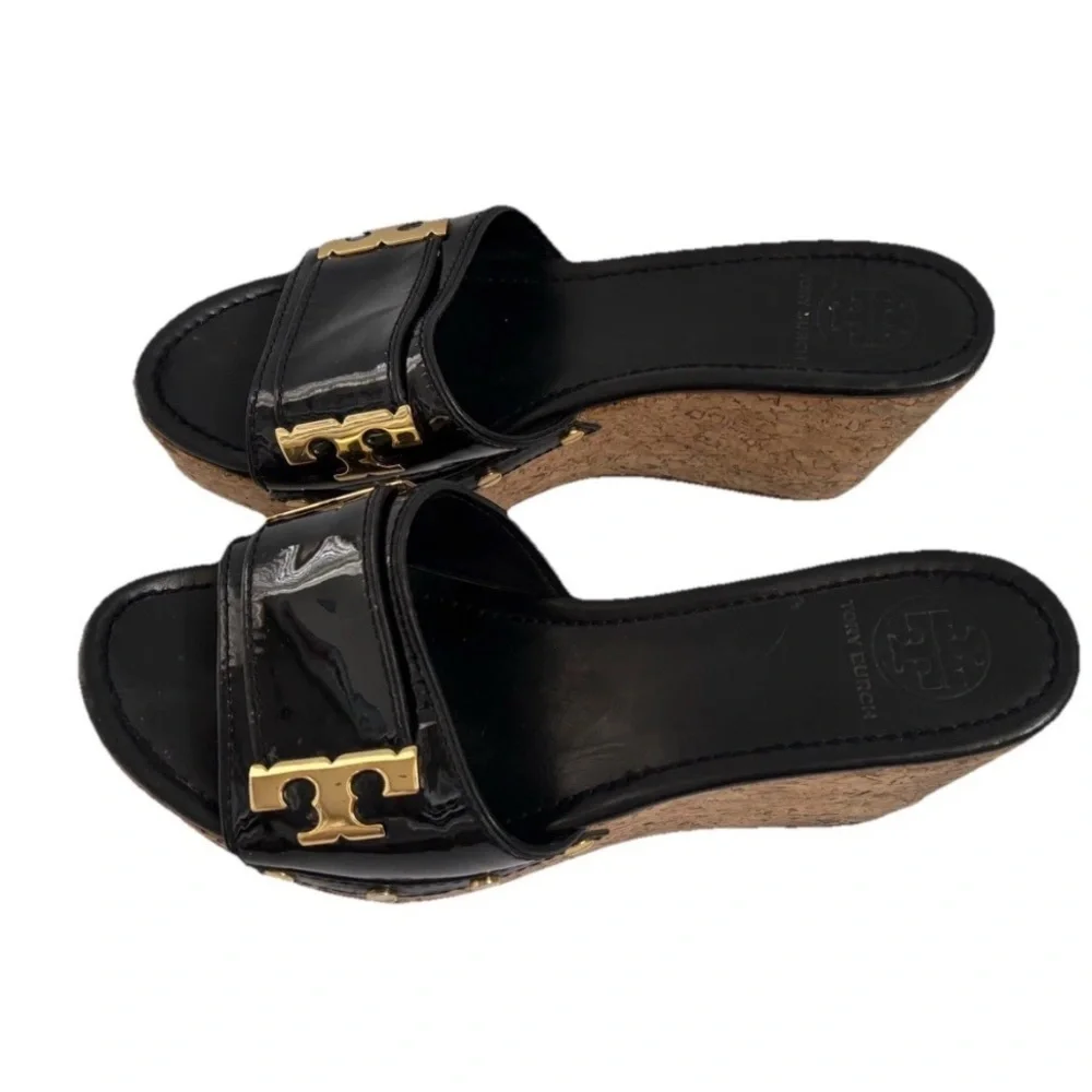 Tory Butch wedge Sandal I Black Leather Slipon size 9.5